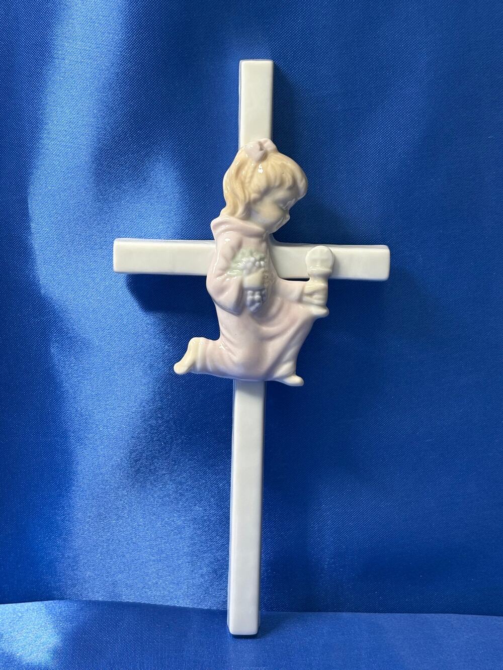 Vintage Porcelain White Wall Cross with Girl Kneeling First Communion